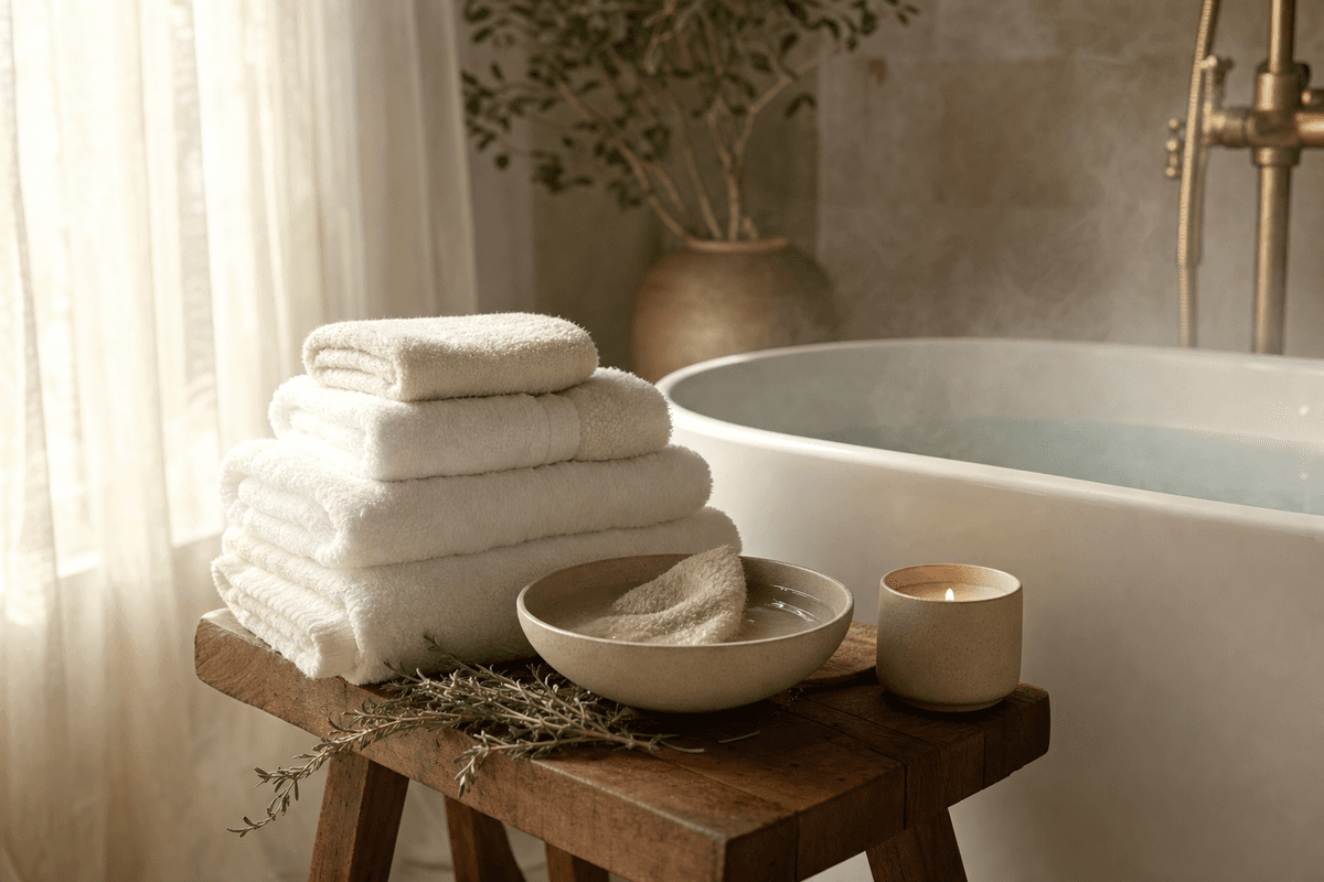 A stack of soft folded white towels on a wooden stool beside a warm bath, with a washcloth bowl, lit candle, and herbs in gentle morning light, evoking soothing comfort and self-care.