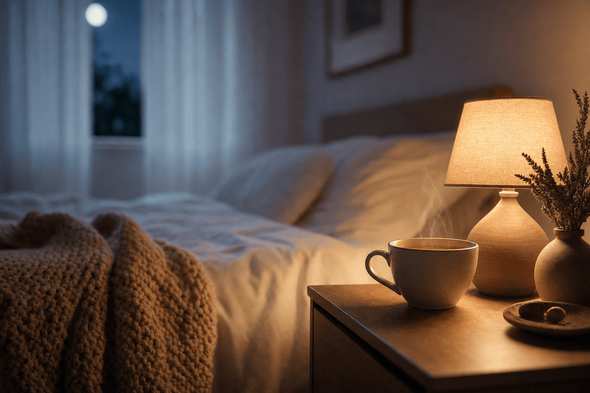 A warm bedside lamp glowing beside a steaming cup of herbal tea and a soft knit blanket on a rumpled bed, with gentle moonlight through sheer curtains at night.
