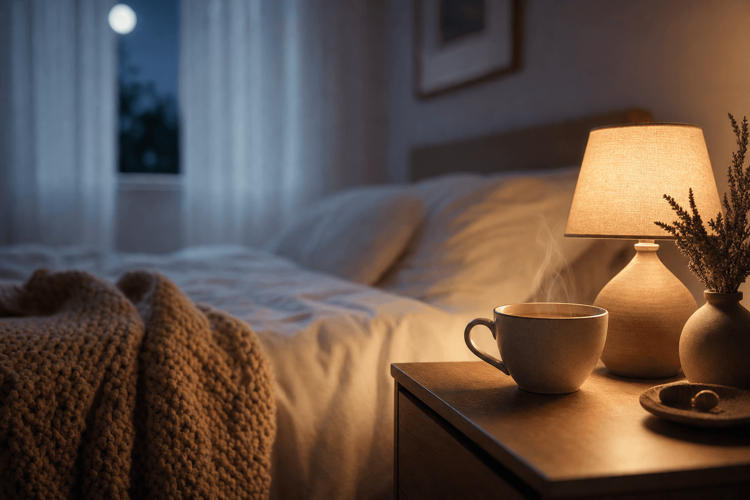 A warm bedside lamp glowing beside a steaming cup of herbal tea and a soft knit blanket on a rumpled bed, with gentle moonlight through sheer curtains at night.