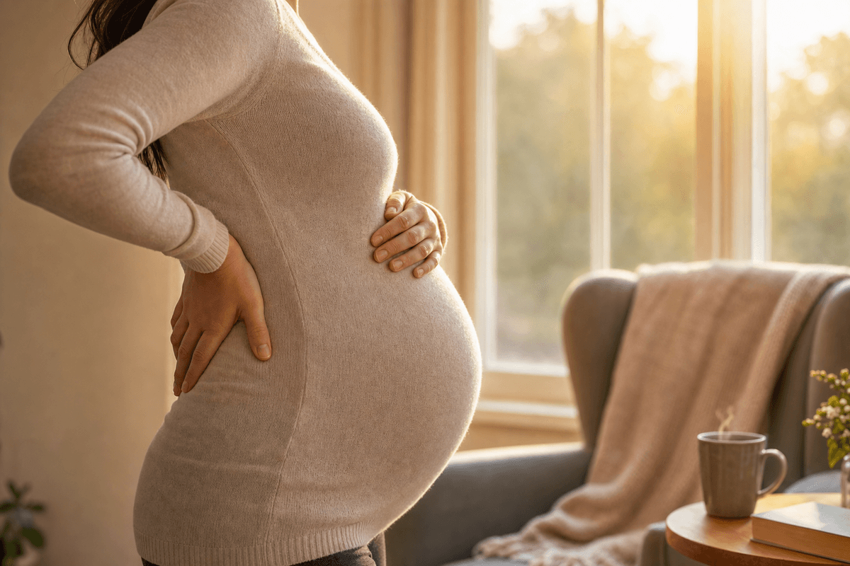 An expectant mother in a soft cream sweater gently rests one hand beneath her ribs and one on her lower back near a sunlit window, with a cozy chair and warm mug nearby.