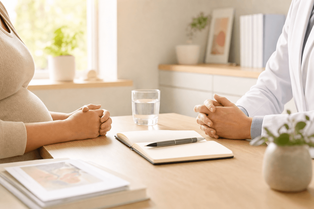 An expectant mother and a doctor in a white coat sit across a sunlit wooden table with an open notebook and a glass of water, their clasped hands suggesting a calm pre-labor conversation.