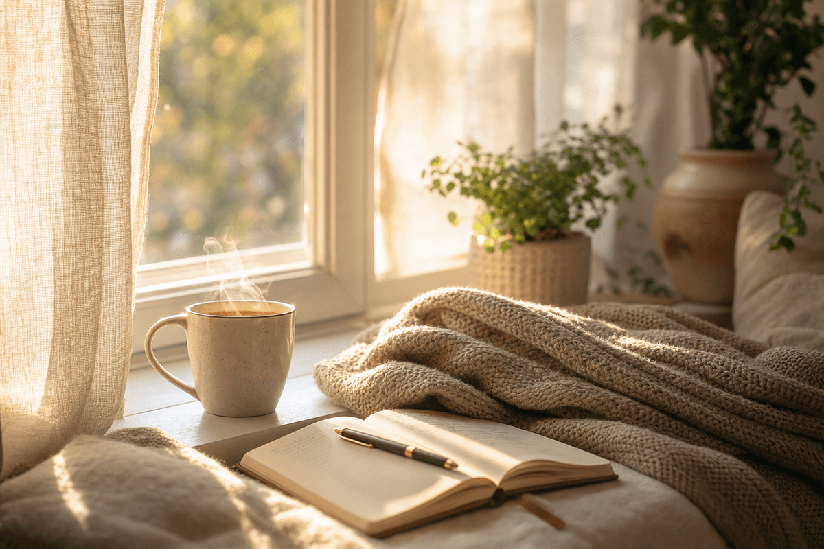 A softly steaming mug of tea on a sunlit windowsill beside a knit throw and an open journal, evoking quiet reflection and gentle recovery