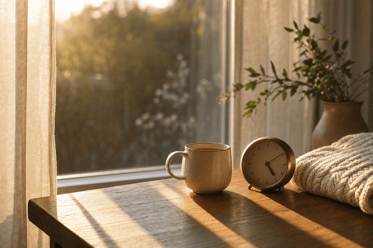 A warm mug of tea beside a small round clock and a soft knit blanket on a sunlit wooden table, evoking the patience of waiting through hours that come and go.