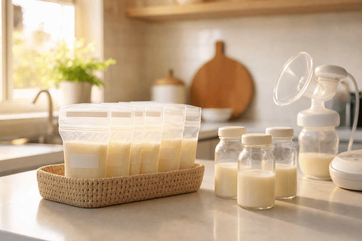 Neatly stored breast-milk bags in a woven basket beside small bottles of milk and a breast pump on a sunlit kitchen counter, calm and organized.