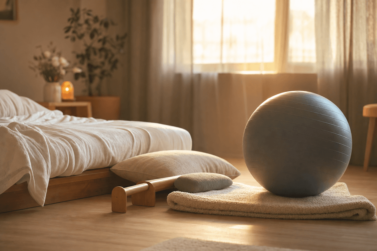 A birthing ball resting on a soft folded towel beside a bed with rumpled white linens and support pillows, bathed in warm golden window light, evoking gentle movement and comfort during labor.