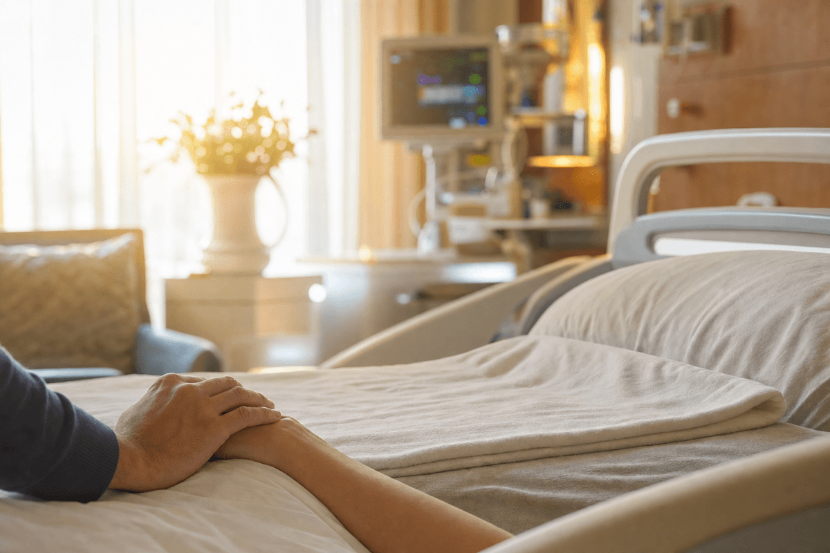 A partner's hand resting gently over another hand at the edge of a softly made hospital bed, bathed in warm golden light from a sunlit window, evoking calm and supported labor.