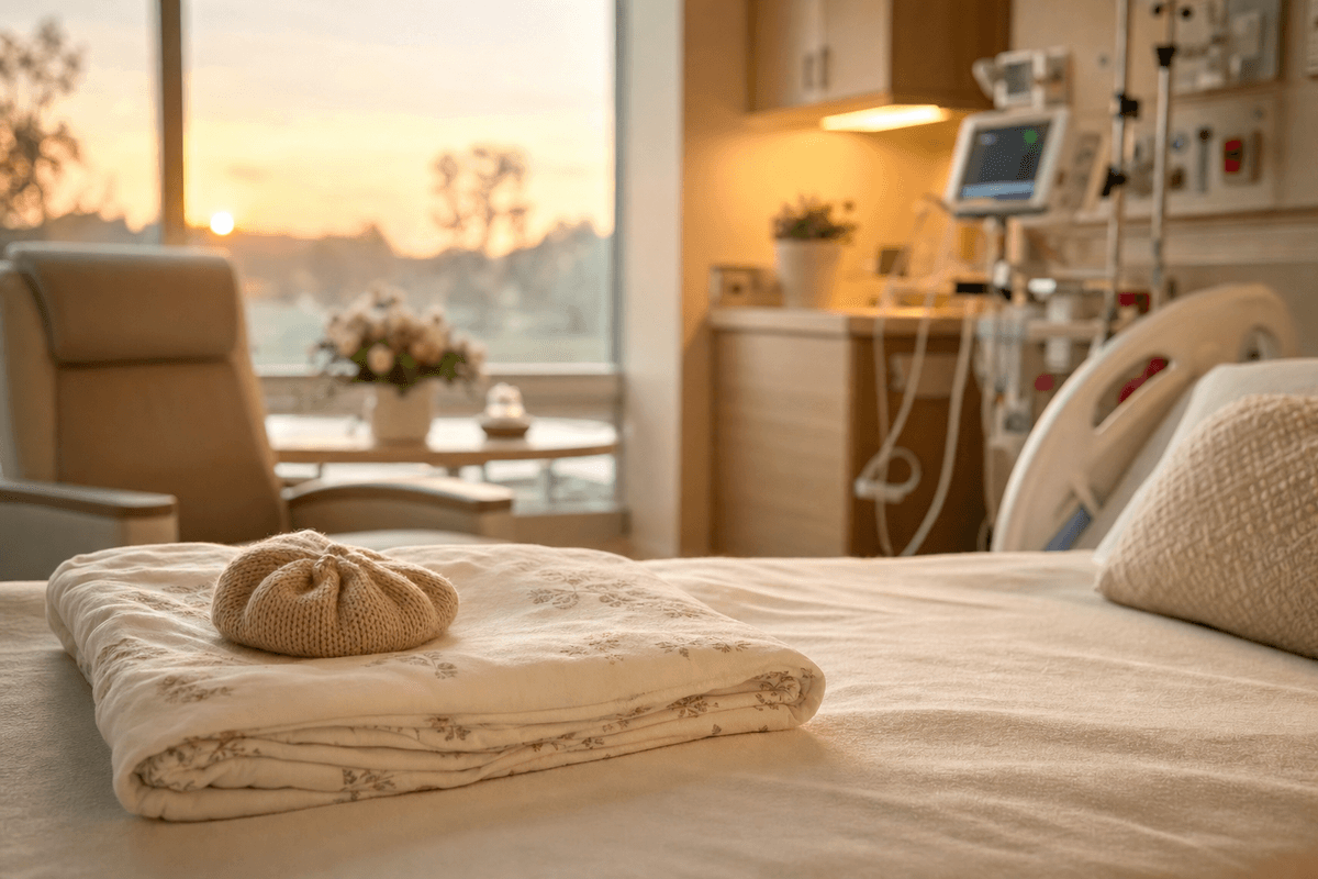 A softly folded swaddle and a tiny knitted baby hat resting on a hospital bed at dawn, with gentle medical equipment blurred in the warm background.