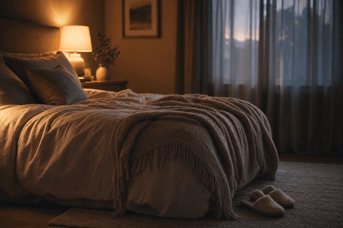 A softly rumpled bed with a cozy knit blanket and slippers waiting on the rug, lit by a warm bedside lamp at dusk, evoking calm nighttime rest.