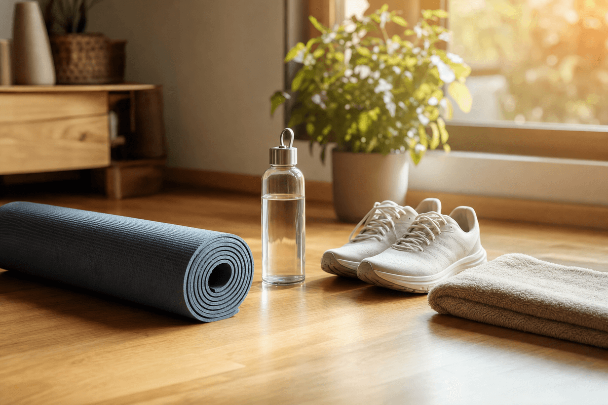 A rolled yoga mat, supportive sneakers, a glass water bottle, and a folded towel resting in warm morning light, evoking a gentle, unhurried return to movement.
