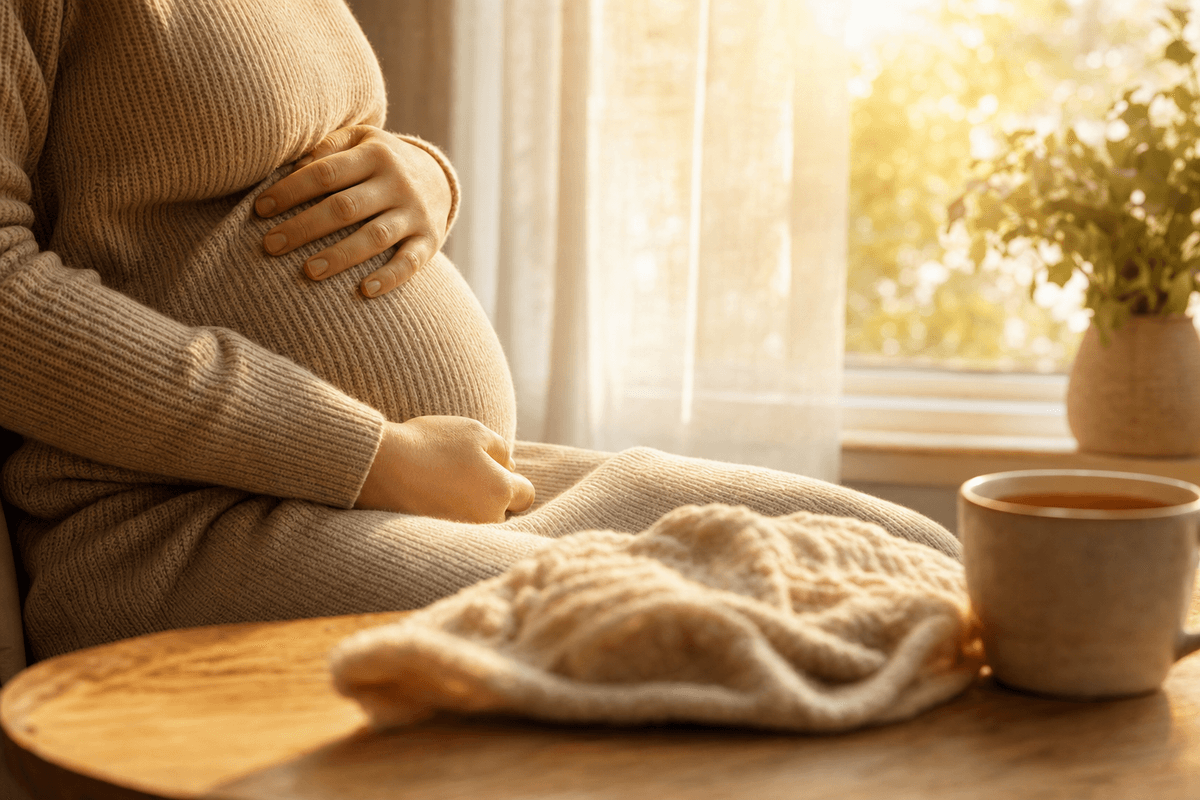 An expectant mother's hands resting gently over her pregnant belly beside a sunlit window, with a soft blanket and warm mug of tea nearby in golden morning light.