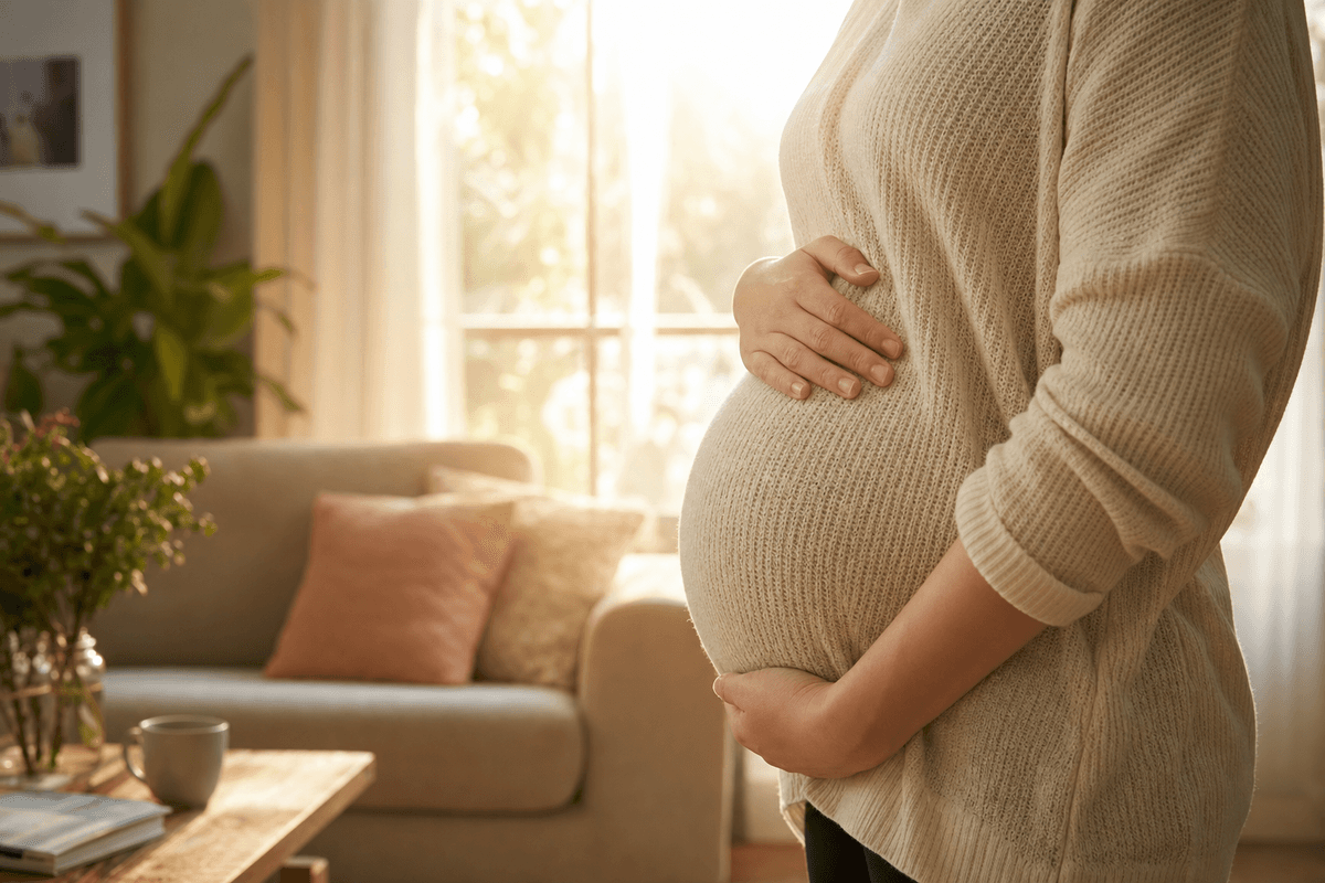 A pregnant woman gently cradling her second-trimester belly over a soft cream sweater in warm afternoon light, with a cozy sofa and tea nearby.