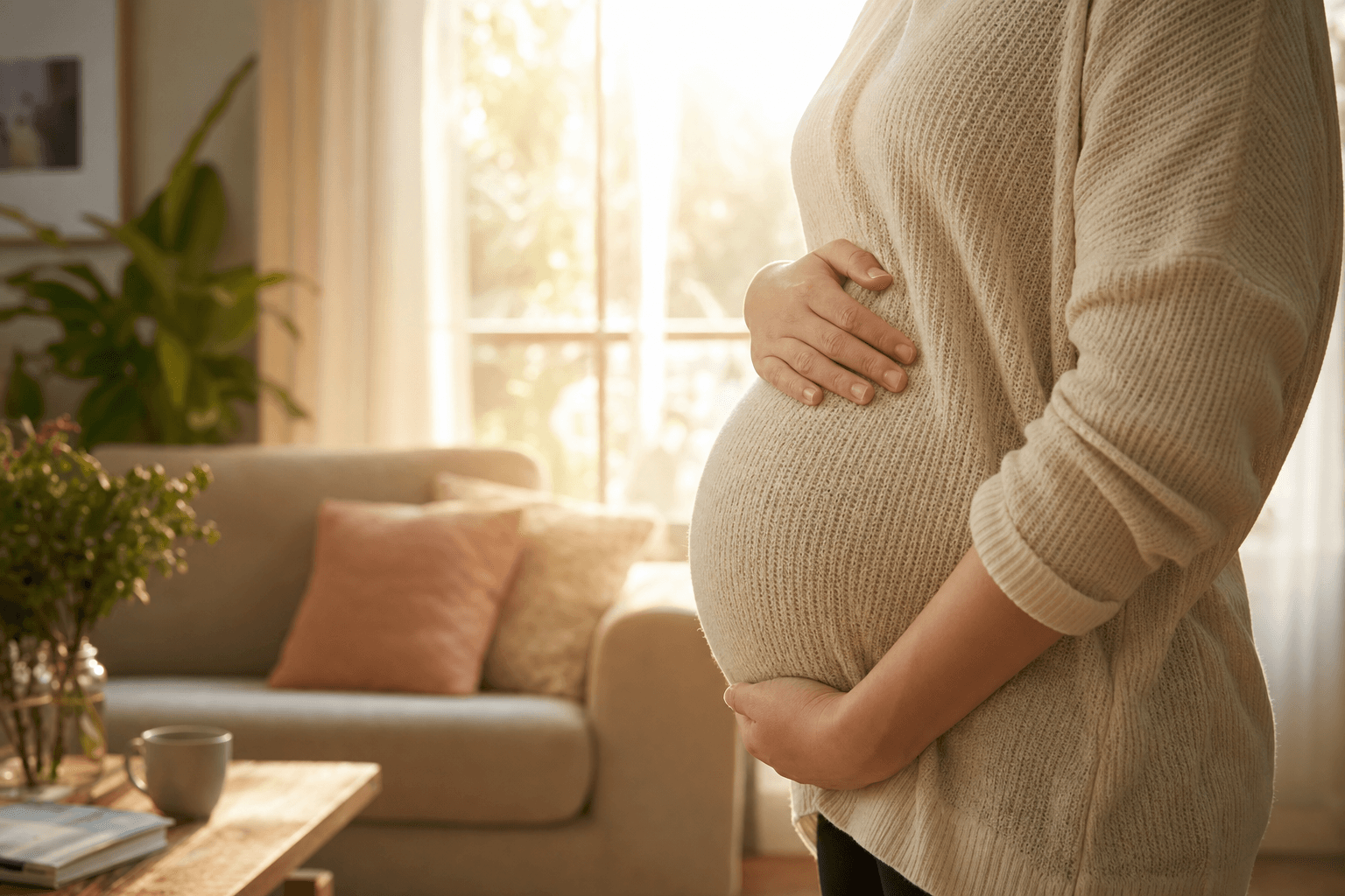A pregnant woman gently cradling her second-trimester belly over a soft cream sweater in warm afternoon light, with a cozy sofa and tea nearby.