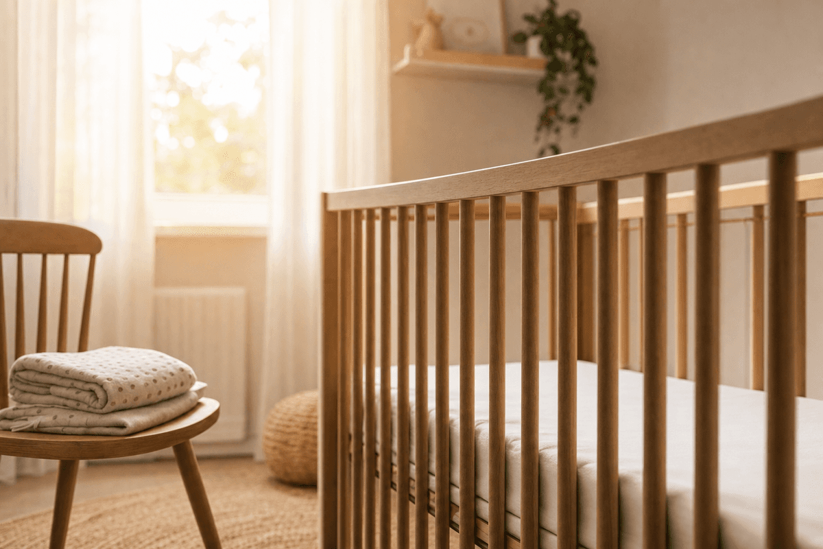 An empty wooden crib with a firm flat bare mattress in warm morning light, a softly folded blanket resting on a nearby chair, evoking a calm safe-sleep setup