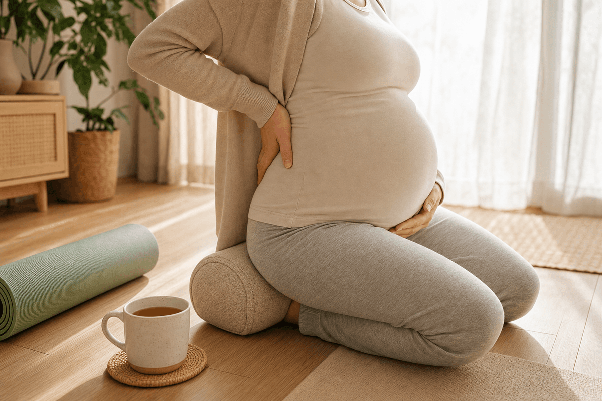 An expectant mother kneeling on a cushion in warm morning light, one hand resting gently on her lower back beside a rolled yoga mat and a cup of tea.