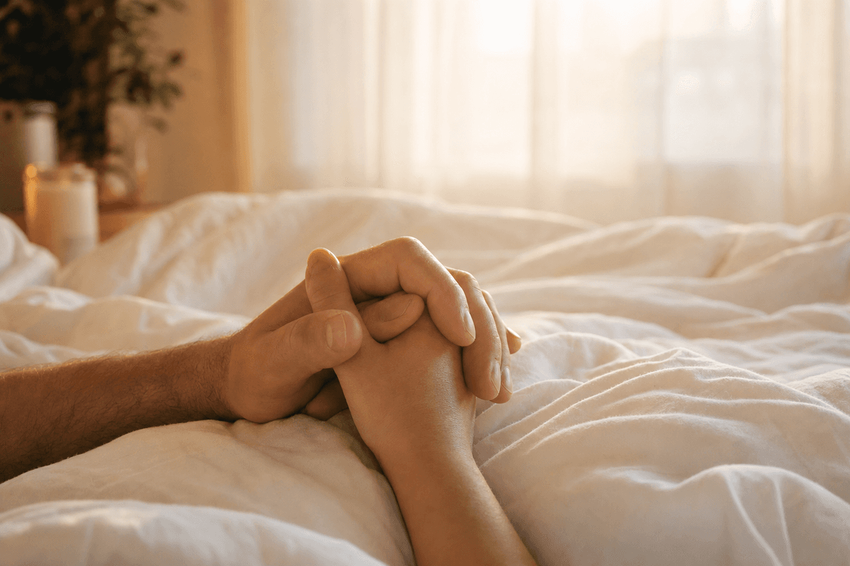 Two hands resting close together with fingers gently intertwined on soft white bed linens, bathed in warm morning sunlight, evoking tenderness and quiet reconnection.