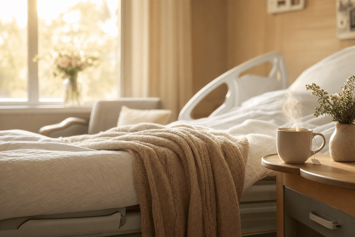 A soft knit blanket draped over a sunlit hospital recovery bed beside a steaming mug of tea and fresh flowers, evoking warmth and gentle postpartum recovery