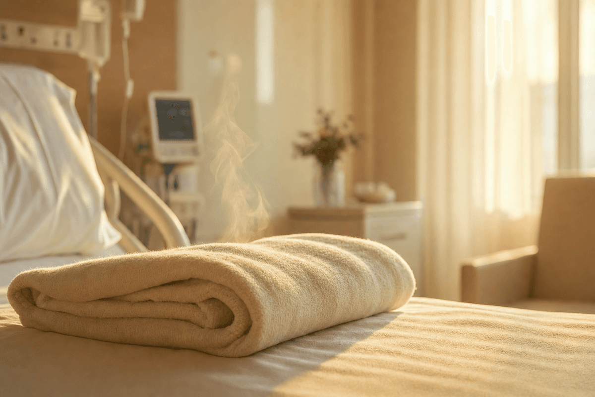 A softly folded warm blanket resting on a hospital bed in a calm, sunlit labor room, evoking the gentle comfort of being kept warm during recovery