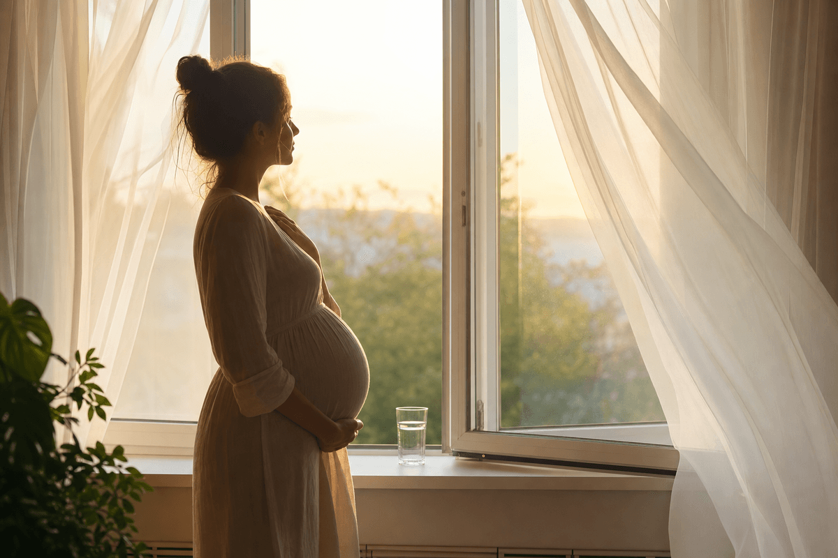 A pregnant woman in soft silhouette pausing beside an open window in warm golden light, one hand resting over her chest as sheer curtains drift in a gentle breeze