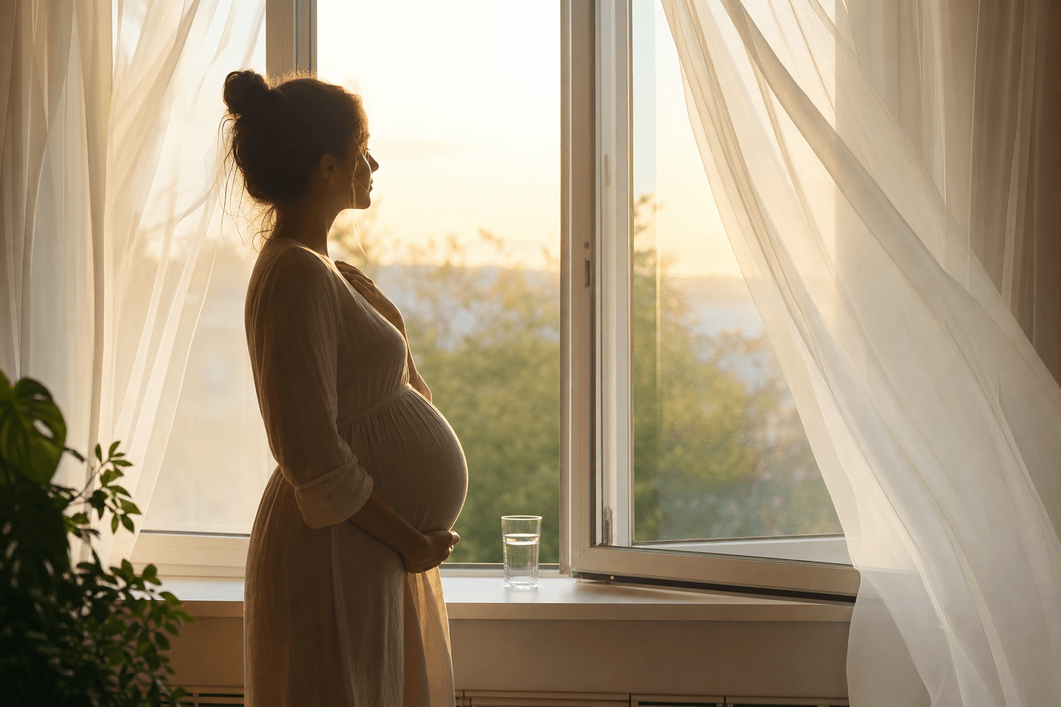 A pregnant woman in soft silhouette pausing beside an open window in warm golden light, one hand resting over her chest as sheer curtains drift in a gentle breeze