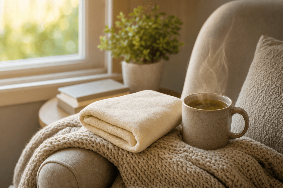 A softly folded cream compress and a steaming mug of herbal tea resting on a knitted throw in a sunlit chair, evoking gentle, restful recovery at home.
