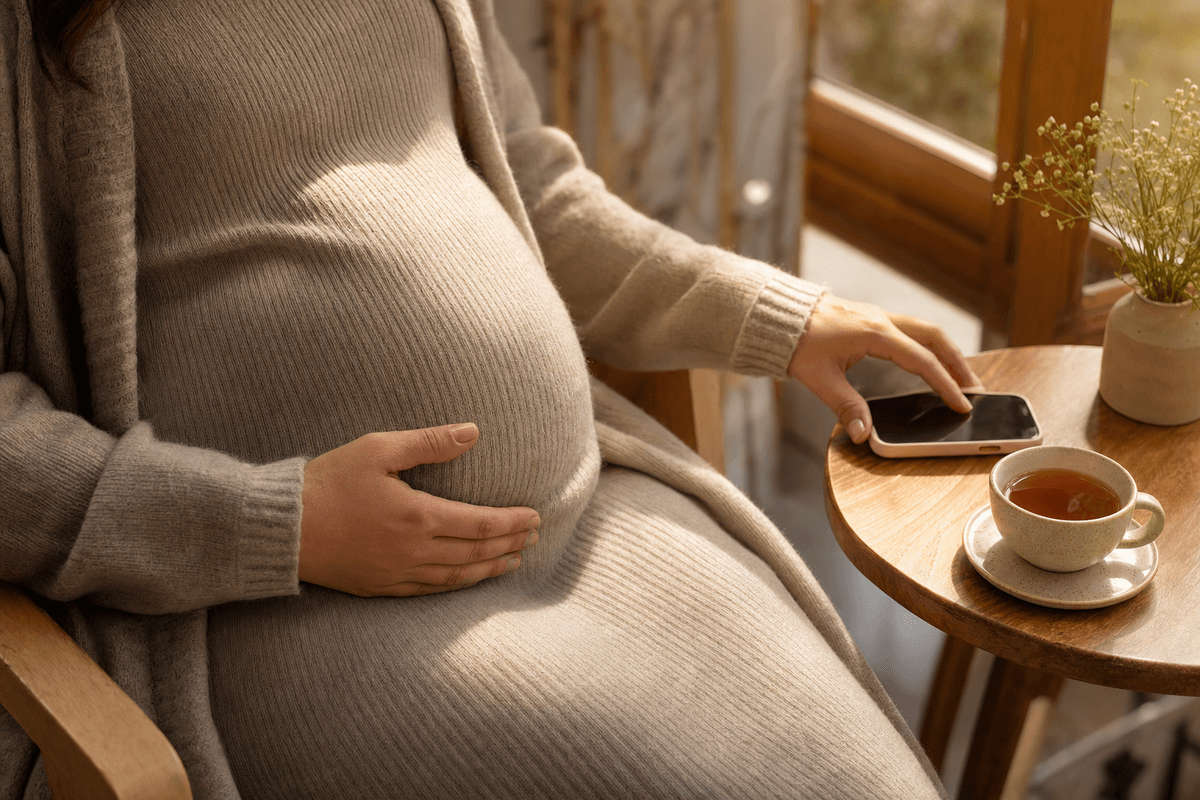 A pregnant woman in soft knitwear rests one hand on her belly and reaches for a phone beside a warm cup of tea in gentle window light.