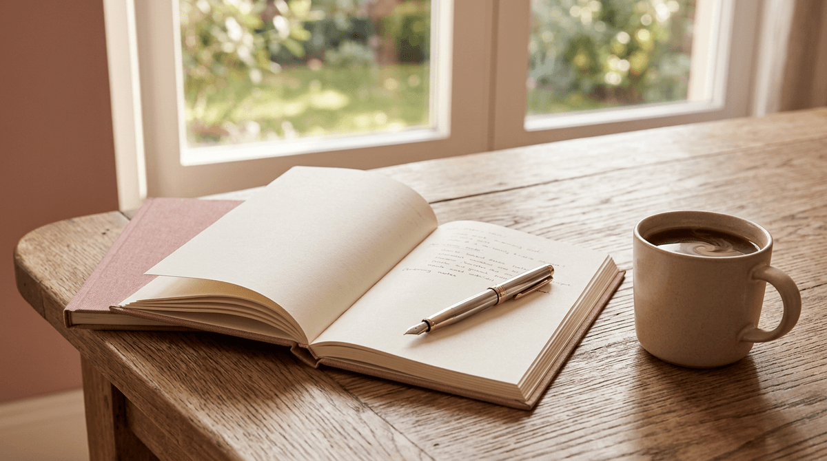An open notebook with a pen bathed in warm morning light on a wooden table with a cup of coffee