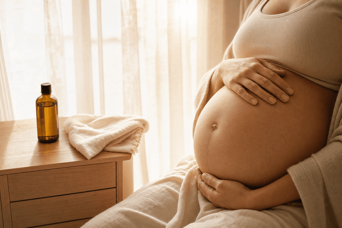 An expectant mother's hands resting gently on her bare rounded belly in warm morning light, a small amber bottle of skincare oil and a folded cloth on a sunlit nightstand nearby.