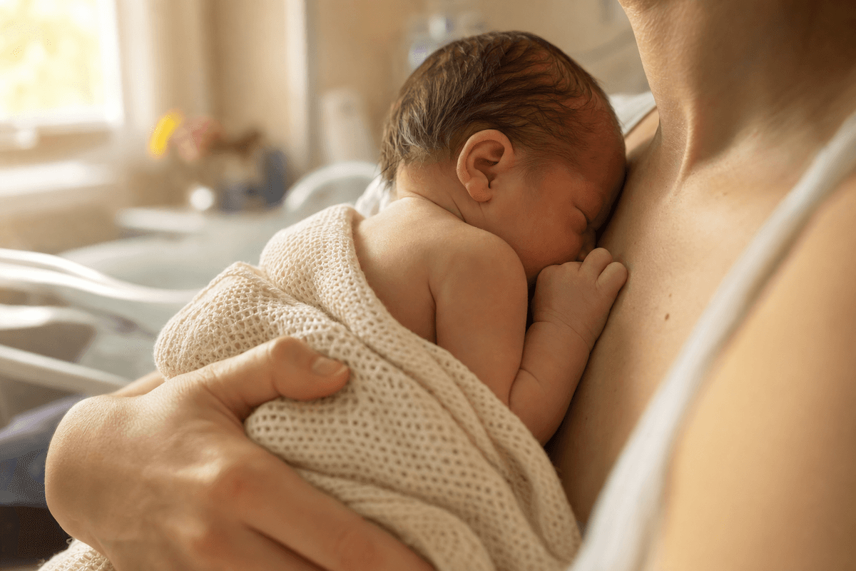A newborn rests skin-to-skin against a parent's chest, wrapped in a soft knit blanket, in the warm golden light of a calm recovery room.