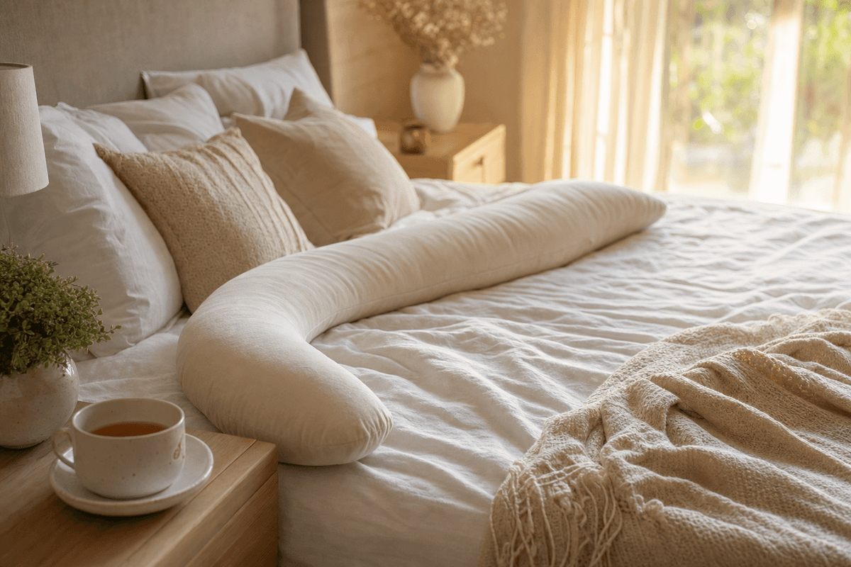 A softly-lit bed with crisp white linens and a curved maternity body pillow, a warm cup of tea on the nightstand, bathed in gentle golden morning light.