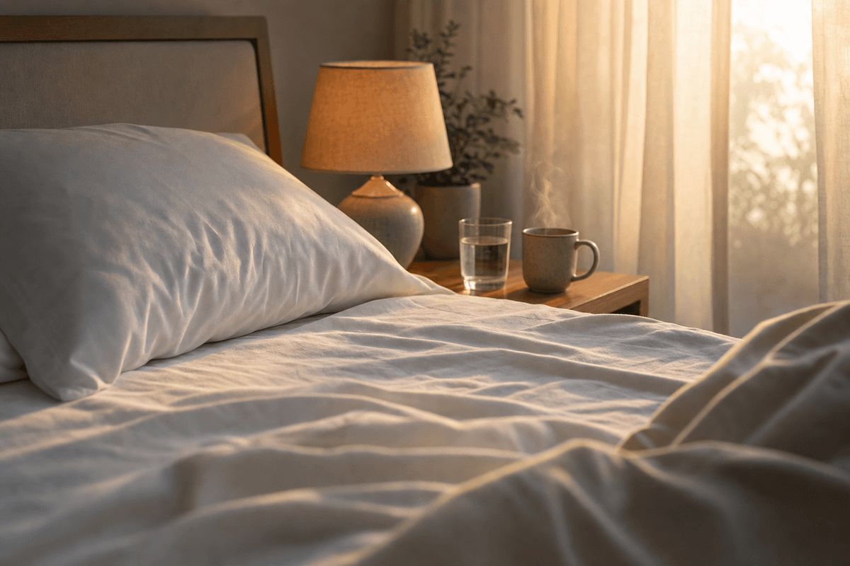A softly rumpled bed beside a warm bedside lamp, a glass of water and a steaming mug on the nightstand in gentle golden morning light, evoking quiet rest and recovery.