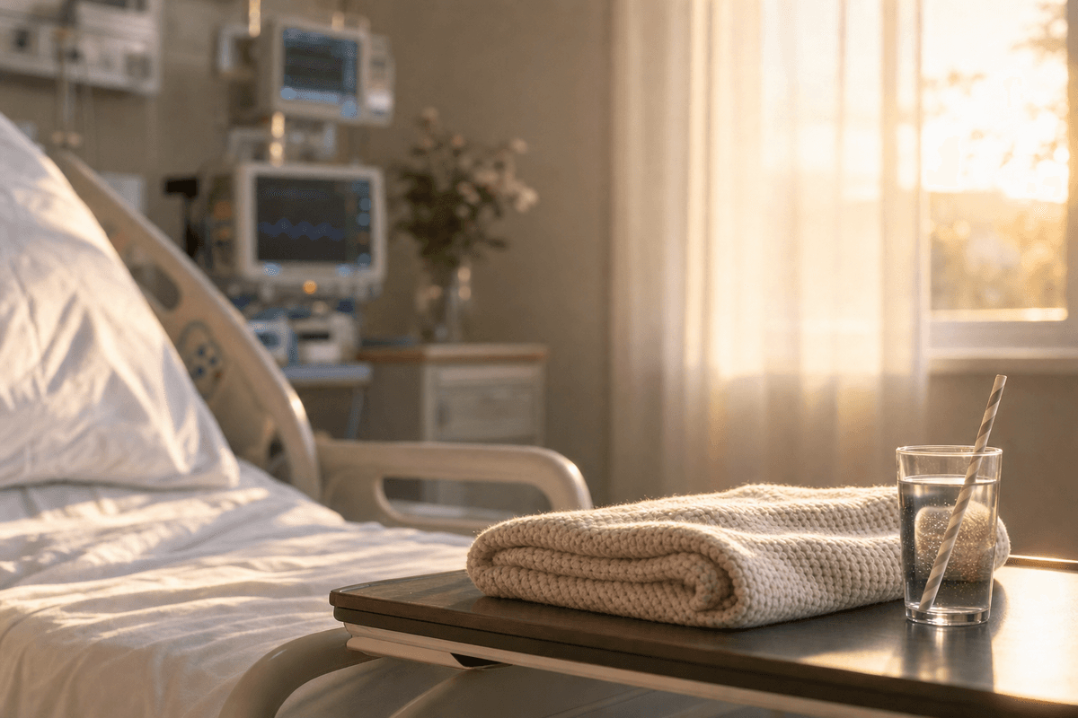 A folded knitted blanket and a glass of water on a hospital bedside table in warm morning light, with monitoring equipment softly out of focus, evoking calm recovery.