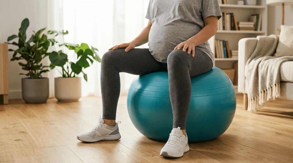 A pregnant woman sitting on a birth ball in a bright living room, conveying an active and healthy lifestyle