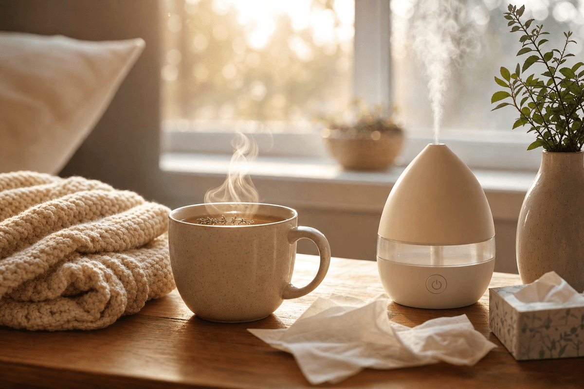 A cozy bedside scene in warm morning light with a steaming mug of tea, a softly misting humidifier, a knit blanket, and tissues, evoking gentle relief from congestion.