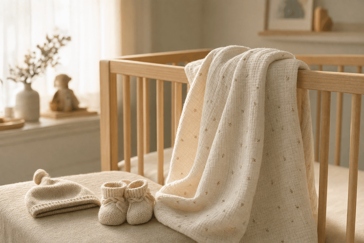 A soft muslin swaddle blanket draped over a wooden crib rail beside a tiny knit cap and booties in warm, sunlit nursery light.