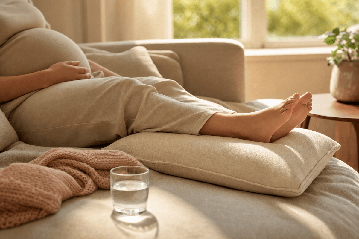 A pregnant woman resting on a linen sofa with her bare feet gently elevated on a soft cushion, a glass of water and a knit blanket nearby in warm afternoon light