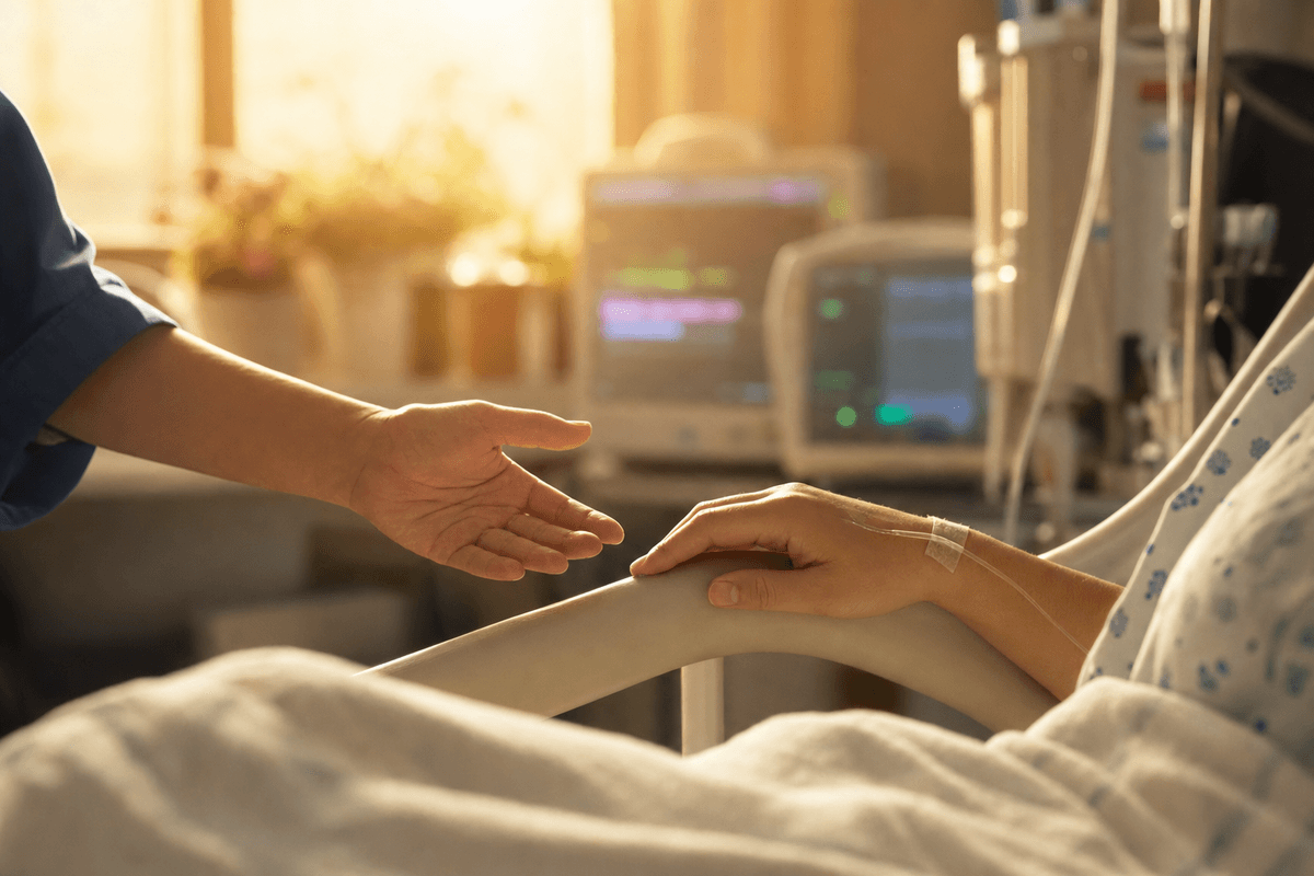 A caregiver's open hand reaching gently toward an expectant mother's resting hand on a hospital bed rail in warm golden light, with monitors softly blurred behind.