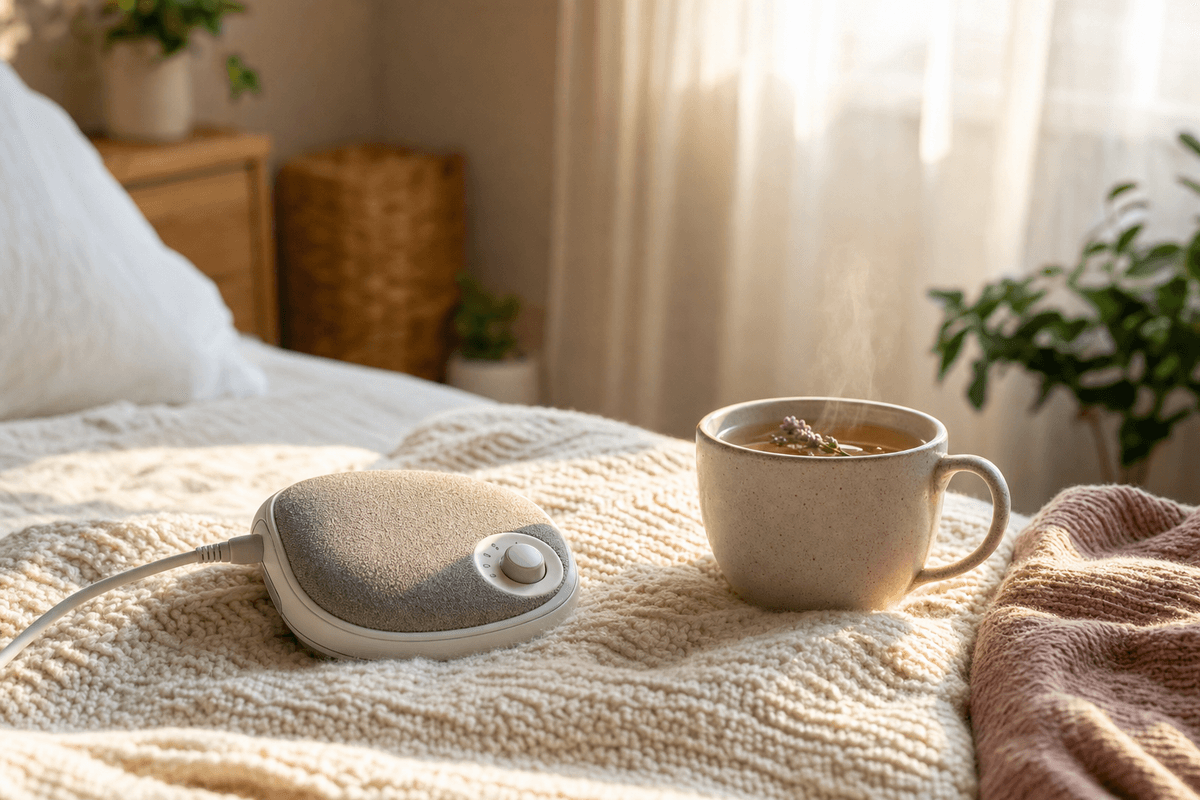 A small handheld comfort device with a soft fabric pad rests on a cream knit blanket beside a steaming mug of herbal tea in warm morning light.