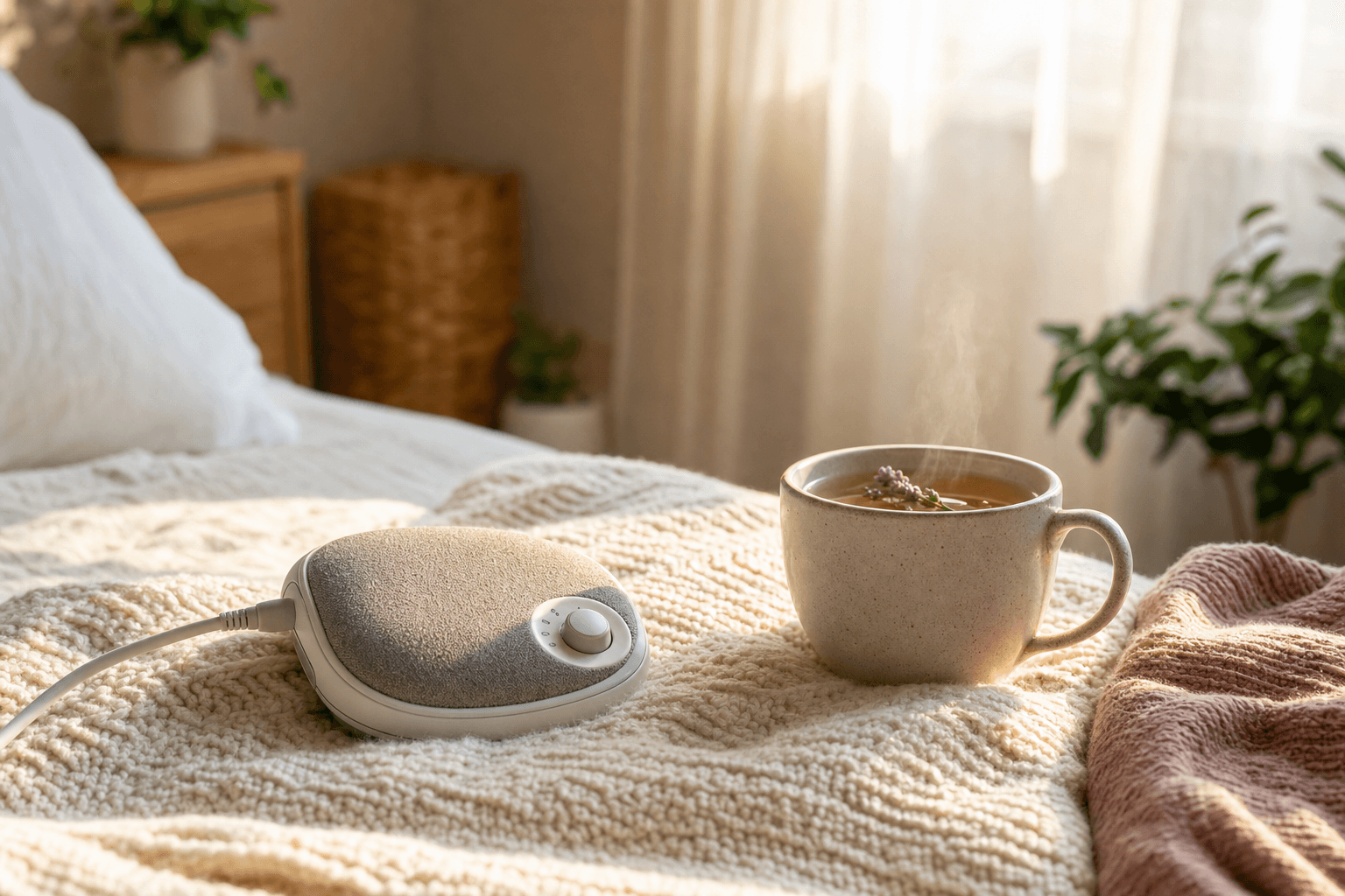 A small handheld comfort device with a soft fabric pad rests on a cream knit blanket beside a steaming mug of herbal tea in warm morning light.