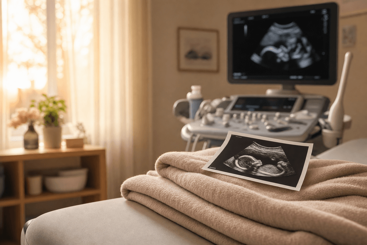 A glossy ultrasound printout resting on a soft folded blanket in a warmly sunlit exam room, with the ultrasound monitor and wand gently out of focus behind it.