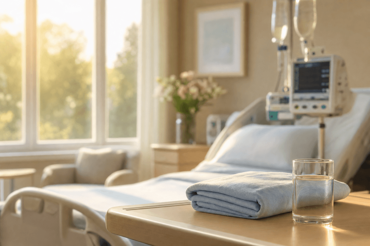 A calm sunlit hospital labor room in warm morning light, with a softly folded blanket and glass of water in the foreground and gentle medical equipment blurred behind.
