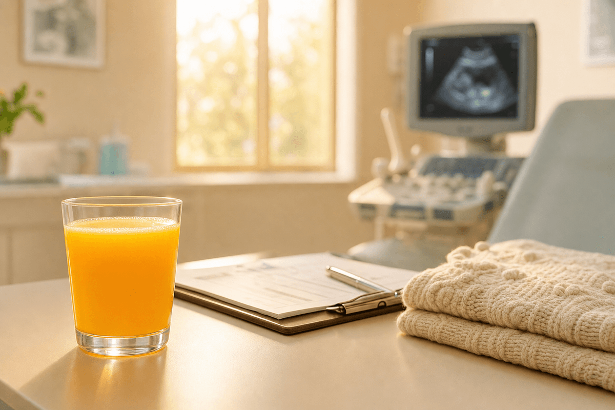 A glass of bright orange glucose drink on a sunlit clinic table beside a clipboard and a soft knit baby blanket, with an ultrasound machine glowing gently out of focus.