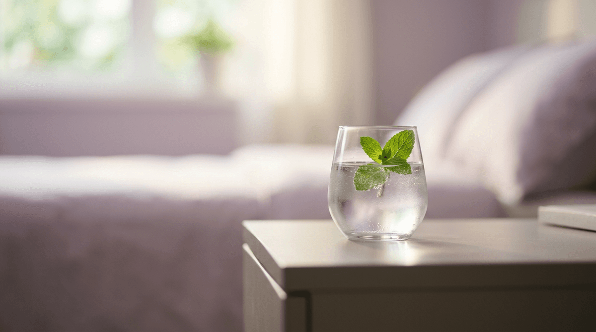 A glass of sparkling water with mint on a bedside table in soft natural light, refreshing and soothing