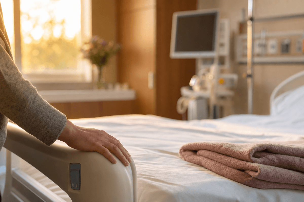 A hand resting gently on a hospital bed rail beside a softly folded blanket in warm golden light, with medical equipment blurred in the background, evoking calm readiness during labor.