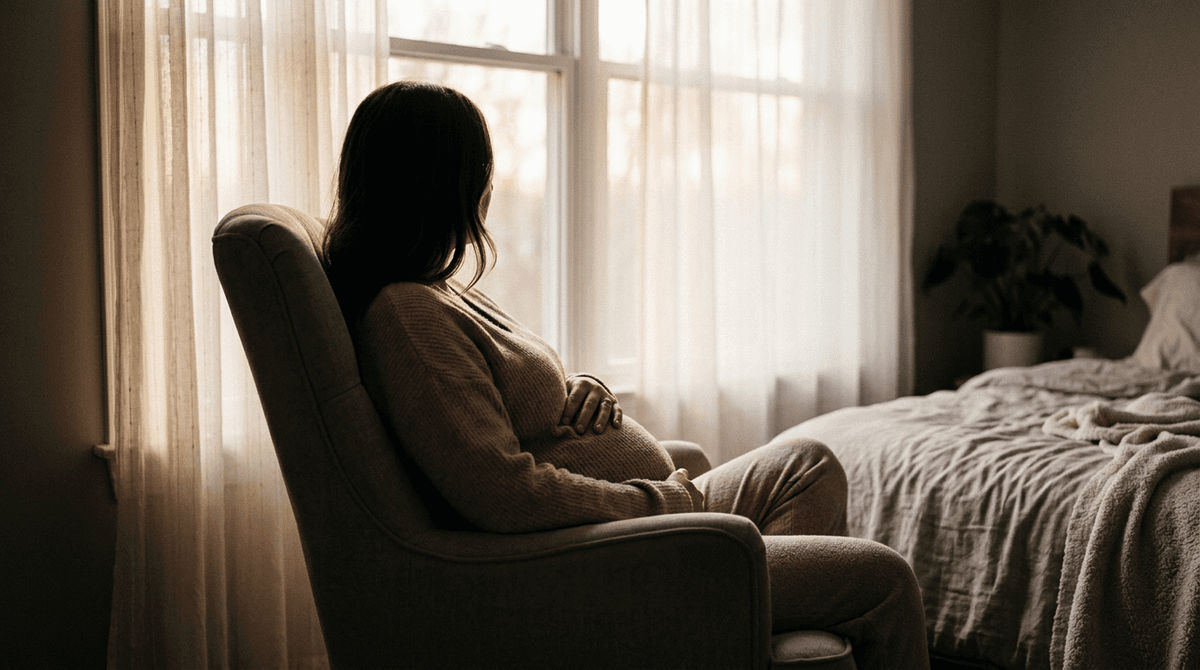 A pregnant woman sits quietly by a window, silhouetted against soft morning light, one hand resting gently on her abdomen