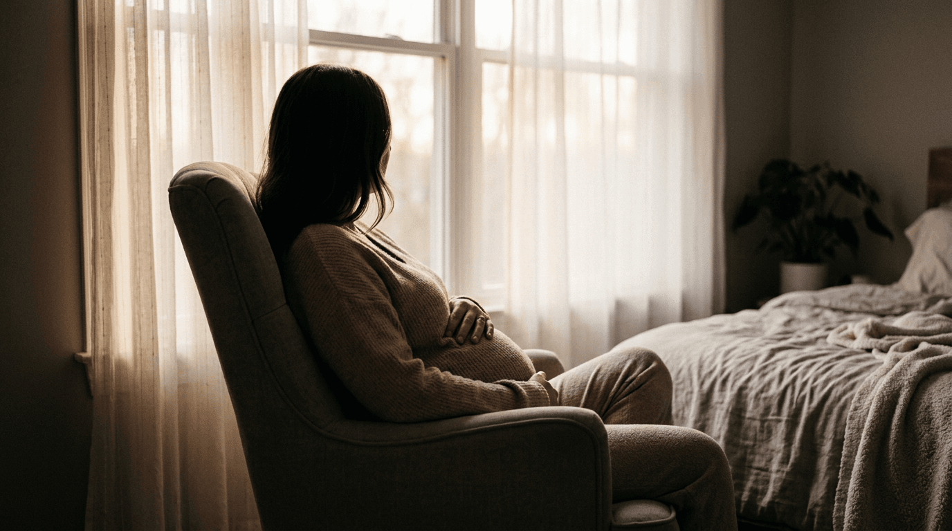 A pregnant woman sits quietly by a window, silhouetted against soft morning light, one hand resting gently on her abdomen