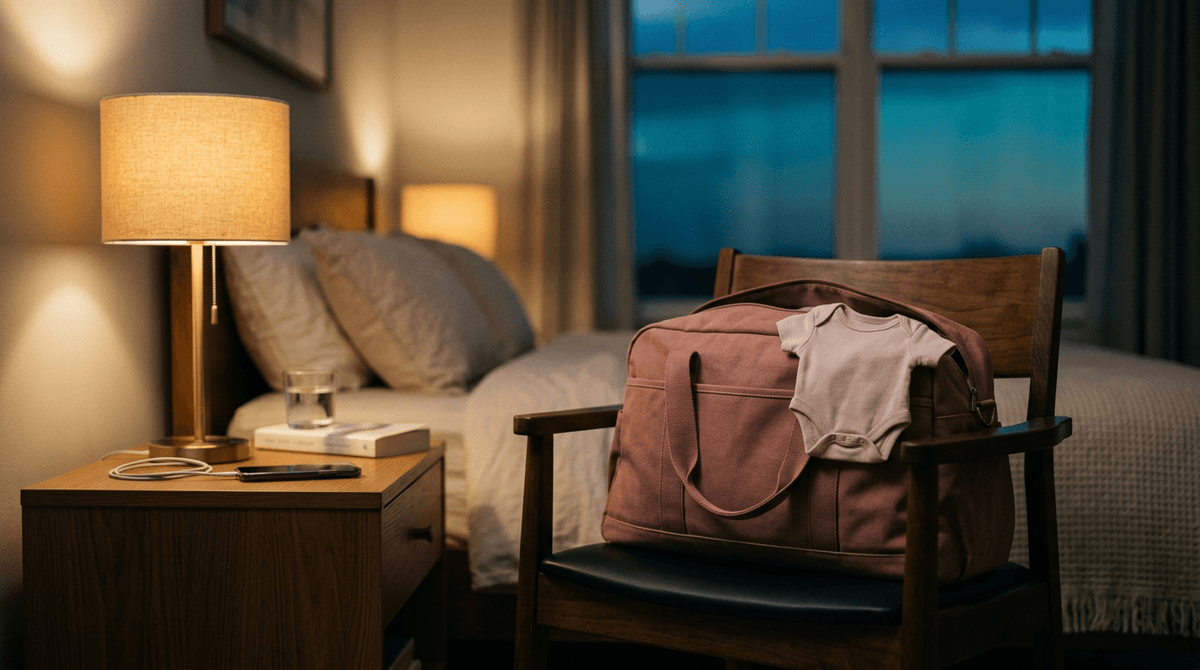 A packed hospital bag sits on a bedroom chair in warm evening lamplight, with a tiny baby outfit peeking from the top, ready for tomorrow's delivery