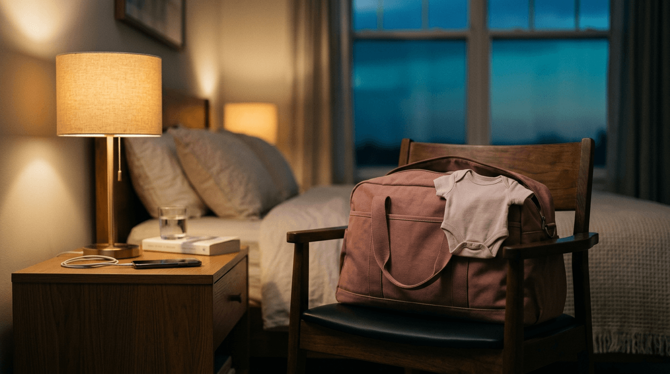 A packed hospital bag sits on a bedroom chair in warm evening lamplight, with a tiny baby outfit peeking from the top, ready for tomorrow's delivery