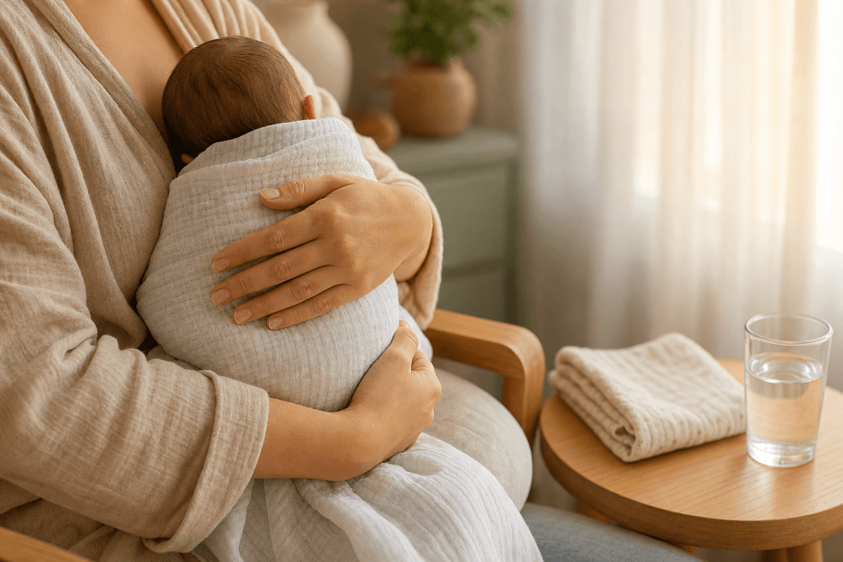 A mother in a soft robe cradling her swaddled newborn against her chest in warm morning light, with a folded muslin blanket and glass of water resting nearby.