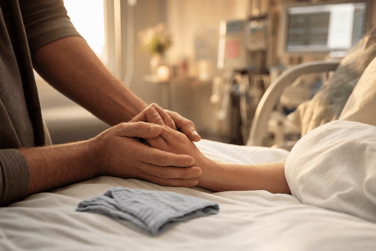 A partner's hands gently steadying a laboring mother's hand on soft white sheets in a warm, calm birthing room, conveying quiet reassurance and support.