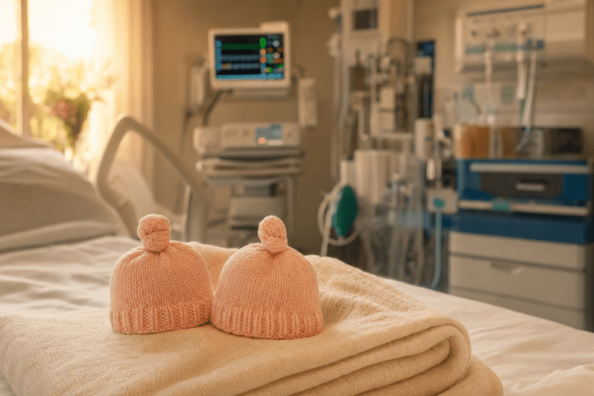 Two tiny matching knit baby hats resting on a soft folded blanket in a calm, sunlit hospital delivery room, with medical equipment softly out of focus behind them.